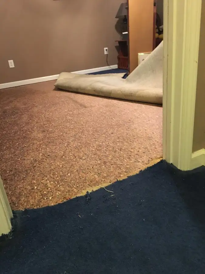 Carpet pad removal revealing water damage during Water Mitigation Services in Chapel Hill